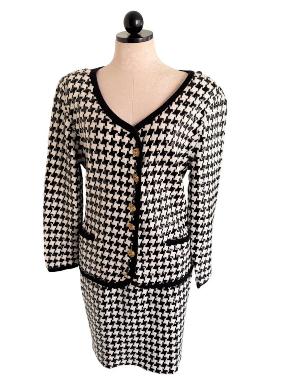 Adrienne Vittadini Womens Skirt Suit Houndstooth Sequin Size Medium Vintage Rare